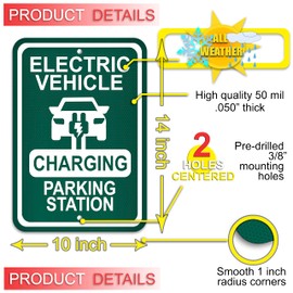 Electric Vehicle Parking Sign, White on Reflective Green, 10 inches by 14 inches, Rust Free Aluminum, UV Weather Resistant, Mounting Holes for Easy Installation. (ELECTRIC VEHICLE CHARGING STATION)