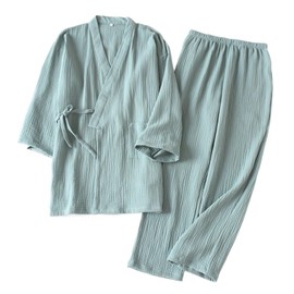HULKAY Women's Pyjamas 2-Piece Japanese Kimono Set, 100% Cotton, Pyjamas, Two-Piece, Pair Yukata, Loose Men and Women, Green