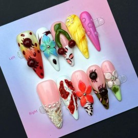 Handmade Press on Nails Long Stiletto Fake Nails 5D Colorful Flower Charms False Nails Summer Seashell Glue on Nails Cherry French tip Handmade Nail for Women Girls Daily Wear Manicure 10pcs Size L