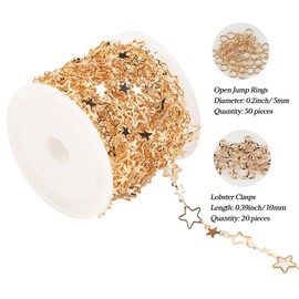 YOUBEIYEE 16.4 Feet Brass Jewelry Making Chain Bulk, Gold Plated Hollow Solid Stars Link Chain for Necklace Anklet Jewelry DIY with Open Jump Rings and Lobster Claws