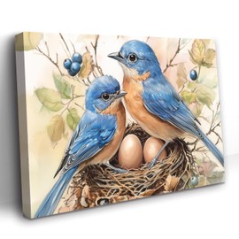 PBXBJY Bird Canvas Wall Art Blue Bird Standing on Branch Pictures Cute Animal Painting Print Living Room Office Kids Room Bedroom Decor Frame (12.00" x 18.00")