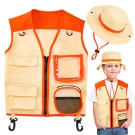 AUTOWT Conjunto de Chaleco Cargo y Sombrero para Niños, Kit de Aventura al Aire Libre con Bolsillos, Kit Explorador para Niños y Niñas Favores Fiesta Campamento Pesca Exploración