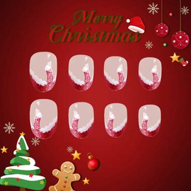 Christmas Press on Nails Short Oval Fake Nails with Santa Hat French Tip Designs Simple Cute Glue on Nails Press ons Xmas False Nails Acrylic Glossy Stick on Nails for Women 24 Pcs