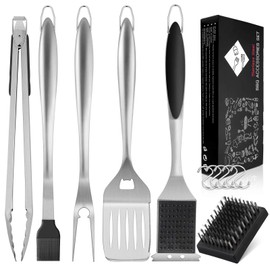 HaSteeL BBQ Grill Set of 6, Stainless Steel Grill Accessories Tools for Outdoor Grilling Cooking Camping, Heavy Duty Grill Spatula, Tong, Fork, Basting Brush & Cleaning Brush, Black & Man’s Gift