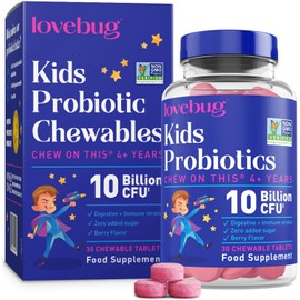 lovebug PROBIOTICS for Kids – Probiotic Chewables with Prebiotic Fiber for Age 4+, Daily Children's Gut Health, Constipation, Sugar-Free Berry Flavor, 30 ct