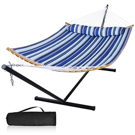 Mansion Home Yard Hammock with Stand,12 Ft 2 Person Hammocks, Heavy Duty 450 lbs, Hammock Freestanding with Curved Spreader Bar, Large Hammocks for Outside with Pillow & Portable Bag, Blue Stripes