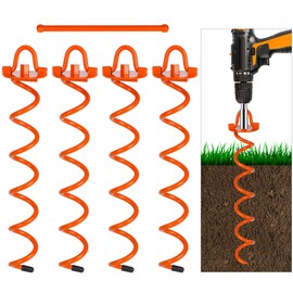 FEED GARDEN 16 Inch Spiral Ground Anchors Kit Heavy Duty Screw in Earth Anchors with Crow Bar, 4 Pack Folding Ring Ground Stakes for Securing Dogs,Tents, Trampolines, Canopies, Swing Sets, Orange