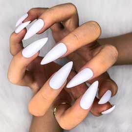 Morily 24pcs Fake Nails Matte Pure Color Medium Long Stiletto Almond Press on Nails False Tips Artificial Finger Manicure for Women (White)