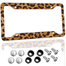 Brown License Plate Frame Cute Cheetah Leopard Print Aluminum License Plate Holder Car Tags Decorative Car Accessories with Screws for Women Men Fit Standard Us Canada Vehicles 12.3x6.3 inch