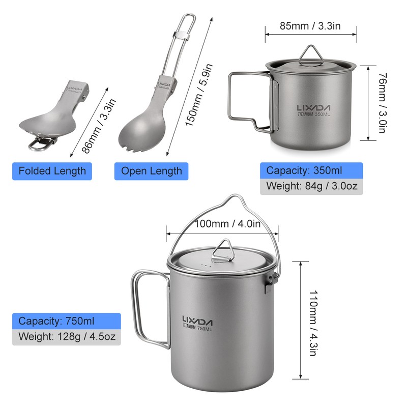 Lixada Lightweight Titanium 3 Pieces Set Titanium 750ml Pot 350ml