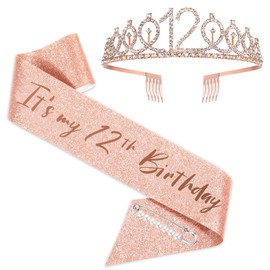 SZHUIHER 12th Birthday Sash and Tiara for Girls, Rose Gold It's My 12th Birthday Sash and Crown, 12th Birthday Gifts for Happy 12th Birthday Party Favor Supplies