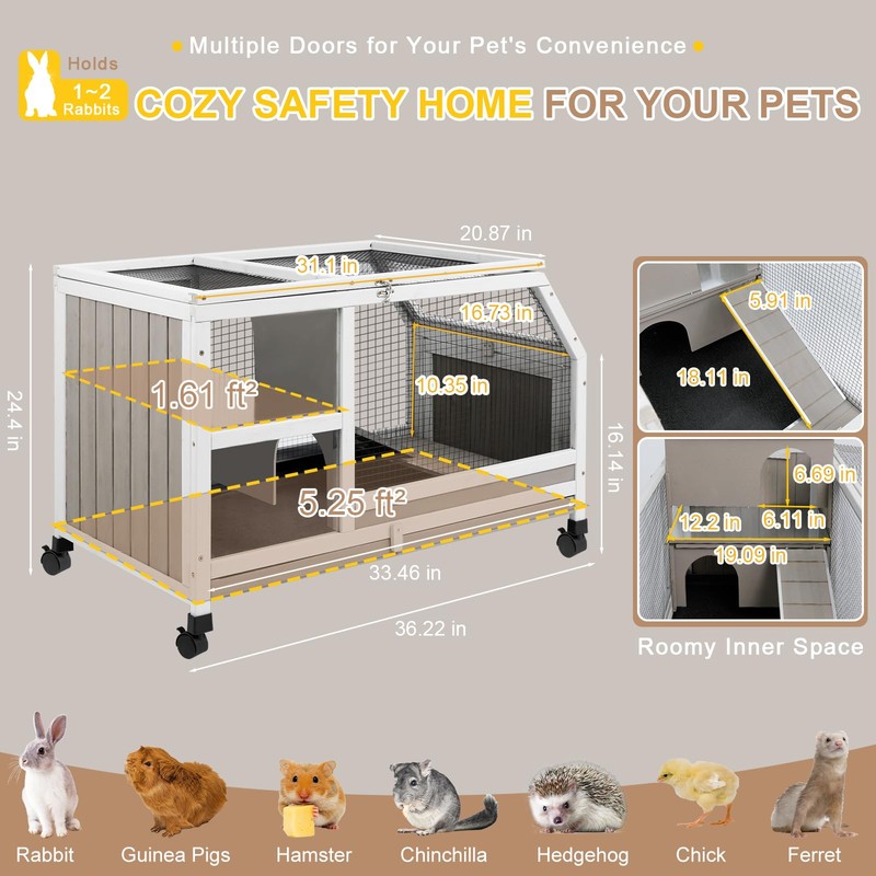 Ketive Rabbit Hutch Indoor - Weatherproof, Multi-Level, Easy Assembly, Lockable,