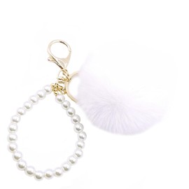 jtkdxqs Soft Pom Pom Key Chains Bag Accessory Puff Ball Key Ring with Pearl Wristlet Bracelet Keychain for Women,white