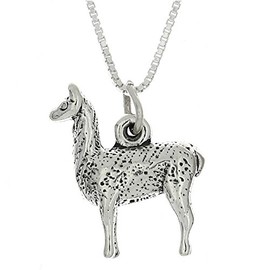 Sterling Silver Oxidized Three Dimensional Llama Charm Pendant with Polished Box Chain Necklace (16 Inches)