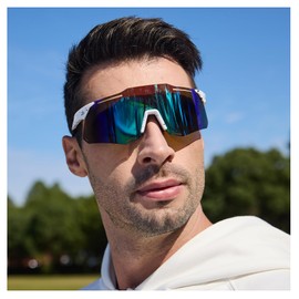 DUCO Polarized Sports Sunglasses for Men and Women UV400 Protection Lightweight Durable for Cycling Baseball Running DC0045 (White Frame Black Dot Black Temple Revo Blue Lens)