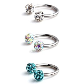 Ruifan 3pcs Mix Colors Crystal Nose Septum Horseshoe Earring Eyebrow Lip Helix Tragus Cartilage Piercing Ring 16G 10mm