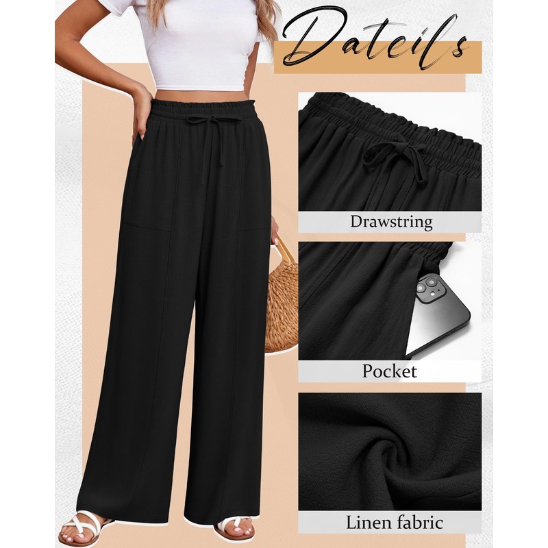 Huukeay Women's Linen Wide Leg Pants, High Waist Flowy Palazzo