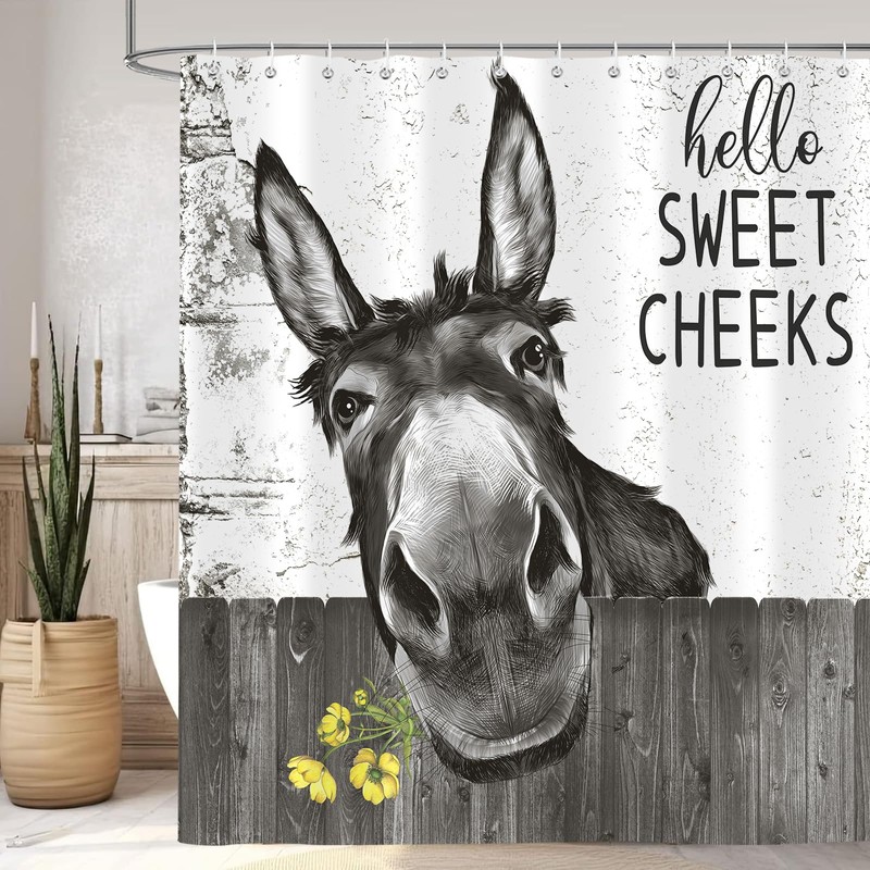Emwnodti Funny Donkey Rustic Shower Curtain, Fun Cute Animal Farmhouse