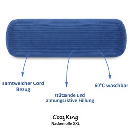 Neck Bolster XXL Corduroy Blue Neck Pillow Extra Long Oeko-Tex 100 and Washable at 40°C - Neck Support Pillow with Cover for Car, Plane, Travel or for Reading and Relaxing at Home - 15 x 70 cm