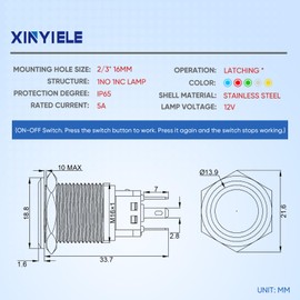 XINYIELE 16MM Latching 12V Push Button Switch On Off,Waterproof Stainless Steel with LED Light Power Button Switch for car，0.63" Mounting Hole with Wire Socket Plug Self-Locking(Ring Yellow LED)