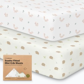2-Pack Mini Crib Sheets Fitted - Pack N Play Sheets for Pack and Play Mattress, Organic Cotton, Soft & Breathable Jersey Playard Bedding, Neutral Mini Toddler Bed Cover for Boys, Girls (Nibbles/Bruce)