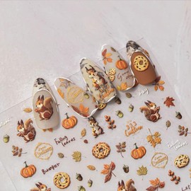 Fall Nail Stickers 5D Embossed Maple Leaves Nail Decals for Nail Art Designs Self Adhesive Squirrel Pumpkin Nail Art Stickers Autumn Thanksgving Day Nails Supplies for Women Nail Decorations