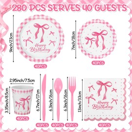 Ziliny 280 Pcs Pink Bow Birthday Party Supplies Coquette Pink Paper Plates Napkins Cups Plastic Forks Knives Spoons Bow Theme Tableware Set for Bachelorette Bridal Party Supplies, Serve 40