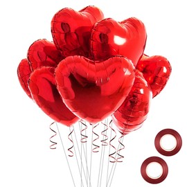 Disino 20pcs Foil Party Balloons, Heart Party Balloons, Helium Balloons with 2 Rolls Ribbons for Romantic Wedding Birthday Party Valentine's Day Baby Shower Decoration, 18inch (Red)