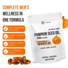 LA Synergy Pumpkin Seed Oil 3000mg, 3-in-1 with Saw Palmetto and Zinc High-Potency Formula for Hair, Skin, Rich in Phytosterols & Fatty Acids, Prostate Health, Urinary Tract Support - 300 Counts
