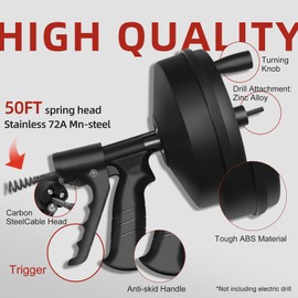 50FT Drain Snake Auger - Heavy Duty Flexible Steel Plumbing Snake | Drill Powered/Manaul | Unclogs Shower, Toilet, Sink | w/Gloves & Storage Bag (Black Pro)