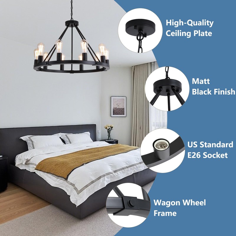 9MMML 10 Lights Wagon Wheel Chandelier, Black Round Globe Wrought