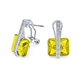 Art Deco Style Square Gemstone Cubic Zirconia AAA Rectangle Simulated Green Peridot Emerald Cut CZ Drop Earrings For Women Silver Plated Omega Back August Birthstone