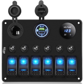 MKING MKING 6 Gang Marine Switch Panel - Waterproof Rocker Switches with USB & Type-C Charger, Circuit Breaker, Digital Voltmeter, and Power Socket, Compatible with 12V-24V Vehicles