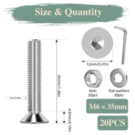 GOHODOMINO Countersunk Screws with Hexagon Socket DIN 7991 (ISO 10642) Fully Threaded Countersunk Screw Made of Rustproof Stainless Steel A2 V2A M6 x 35 mm (Pack of 20)
