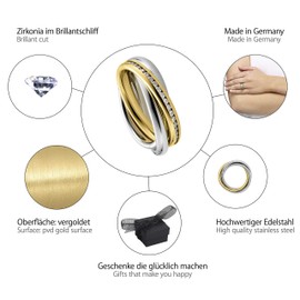 Heideman Women's Trini Ring Made of Stainless Steel Gold Coloured Matt Women's Ring for Women Roll Ring Play Ring Triple Ring Pack of 3, Stainless Steel, Cubic Zirconia