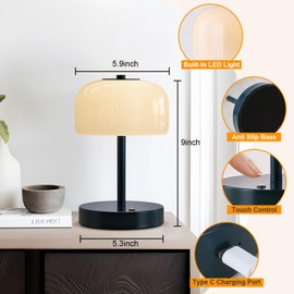 PORTRES Cordless Table Lamp Rechargeable Battery Operated Mushroom lamp Opal Glass Shade 3 Way Dimmable LED Touch Outdoor Lamp for Camping Bedroom Dining Living Room Beside Patio Restaurant,Blue