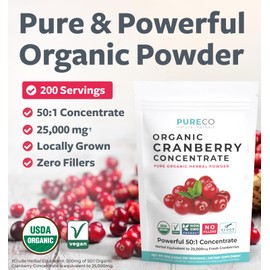 PURE CO USDA Cranberry Powder Organic Certified - Organic Cranberry Juice Concentrate Support Urinary Tract Health for Women & Men - Pure Cranberry Concentrate Vegan Non-GMO & Filler Free (200 Servings)