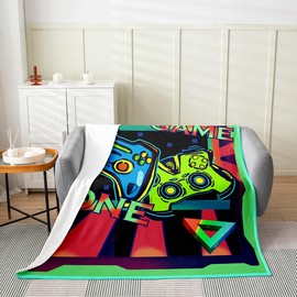 Gamer Fleece Throw Blanket,Kids Gaming Flannel Fuzzy Blanket for Bed Sofa Couch,All Season Gamepad Green Neon Bed Blanket Video Game Breathable Plush Blanket Room Decor Twin 60"x80"