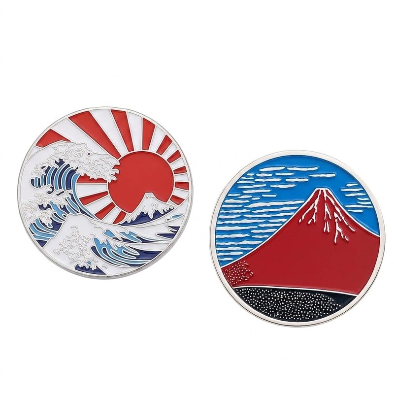 Katsushika Hokusai Golf Marker, Double-Sided Design, Red Fuji 1.3 inches