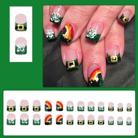 LBPEPAMZ 24Pcs St. Patrick's Day Press on Nails Short Square Fake Nails with White Flower Colorful Rainbow Designs Green Glitter French Tips Acrylic False Nails Gold Coin Jar Glue On Nails for Women