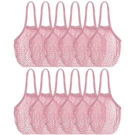 Eccliy 12 Pieces Reusable Cotton Farmers Mesh Grocery Bag Beach Bags Bulk Net Aesthetic Portable Tote with Handles for Fruit Vegetable(Dark Pink)