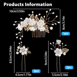 5 Pcs Bridal Wedding Hair Pins Crystal Pearl Hair Clips with White Flower Gold Leaf Flower Headpiece Vintage Wedding Hair Accessories Rhinestone Jewelry Hair Side Combs Slides for Women Girls