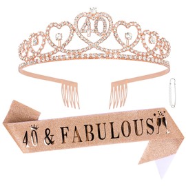 CURASA Rose Gold 40th Birthday Sash and Crown Adult Women Rhinestone Birthday Tiara Rose Gold Decoration for Party Gifts