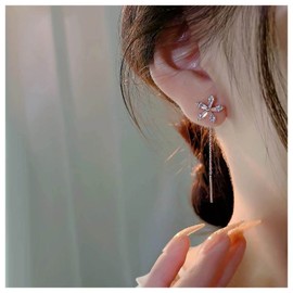 Inilbran Boho Crystal Flower Stud Earrings Long Tassel Chain Threader Earrings Vintage Crystal Cz Flower Earrings Minimalist Linear Chain Dangle Earrings Jewelry for Women and Girls
