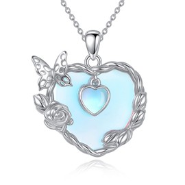 Dralox Moonstone Necklace for Women Sterling Silver Butterfly Flower Heart Necklace Fine Jewelry Anniversary Birthday Gifts for Women Wife Mom