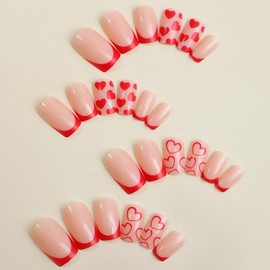 French Tip Press on Nails Medium Square Love Heart Glitter Fake Nails, Glossy Pink Press on Nails Gel Acrylic Nails Glue Stick on Nail Tip Reusable Natural Valentine'Day Romance False Nails Kit 24Pcs