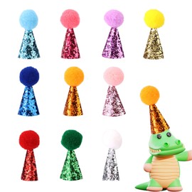 Tinoaly 10 Mini Sombreros de Fiesta para Peluches, Pequeños Sombreros Cónicos Ajustables Juguetes Dinosaurios Muñecas Manualidades con Pompones Brillantes para Perros Gatos Niños Decoraciones