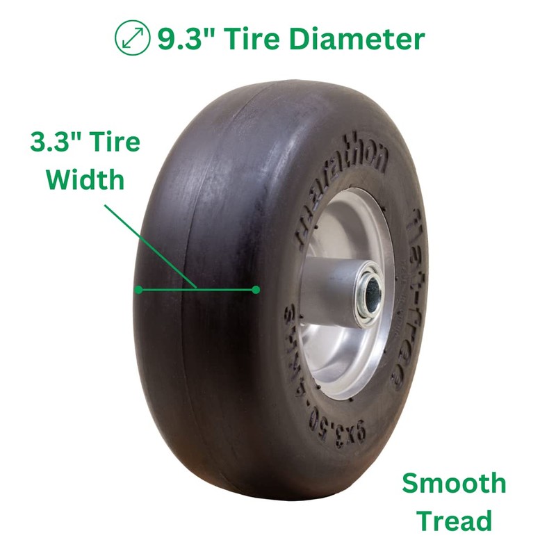 Marathon 9x3.50-4" Flat Free Lawnmower Tire on Wheel, 4" Centered