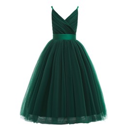 Glamulice Emerald Green Flower Girl Dresses Lace Bridesmaid Long A Line Wedding Pageant Dress Elegant Tulle Spaghetti Strap Party Gown Green Christmas Holiday Formal Princess Dance Ball Gown 14-15