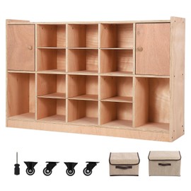 MilleLoom Cubby Tray Storage Cabinet with 2 Doors, Storage Organizer Cubes with 2 Anti-Flip Fittings, 4 Castors and 2 Boxes for Home, School, Kindergarten, Classroom Furniture, Natural